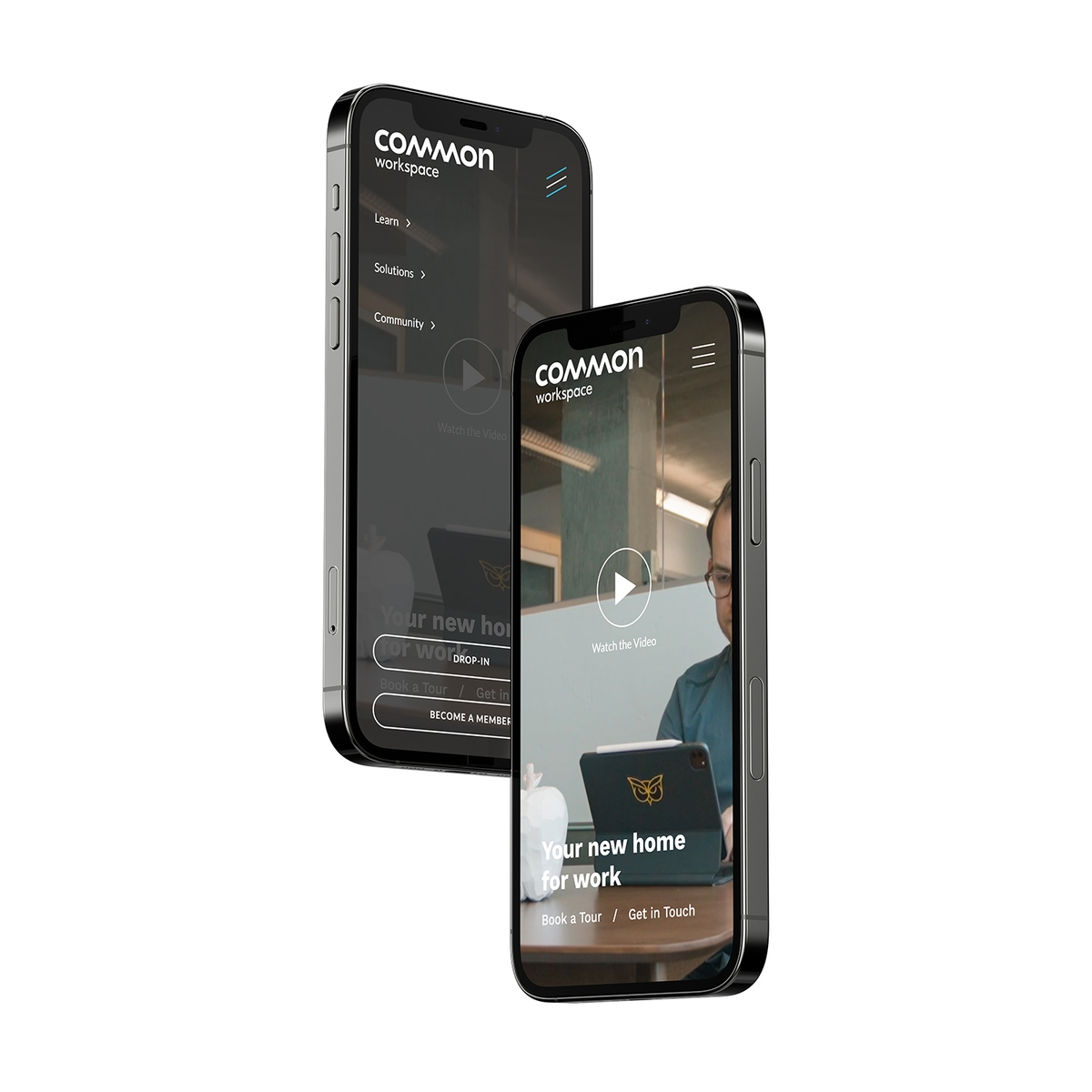 Common workspace website shown on two face forward floating iphones with one screen displaying the open navigation and the other displaying the hompage.